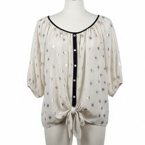 Loramendi Blouse L Gold Metallic Polka Dot‎ Peasant Tie Front Flowy Chic Top